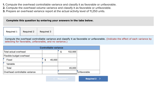 1. Compute the overhead controllable variance and classify it as favorable or unfavorable. 2. Compute the overhead volume var