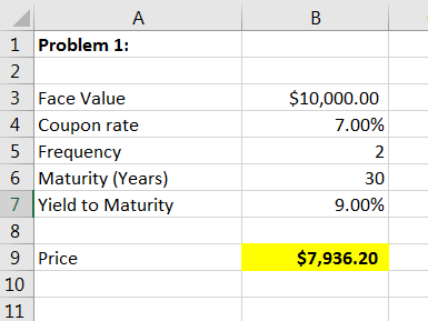 B А 1 Problem 1: 2 3 Face Value 4 Coupon rate 5 Frequency 6 Maturity (Years) 7 Yield to Maturity 8 9 Price 10 $10,000.00 7.00