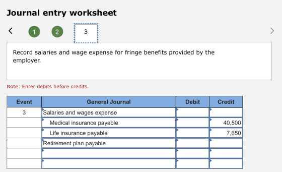 Journal entry worksheet < 1 2 .......... Record salaries and wage expense for fringe benefits provided by the employer. Note: