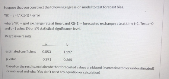 Suppose that you construct the following regression model to test forecast bias. Y(t) = a + b*X(t-1) + error where y(t) = spo