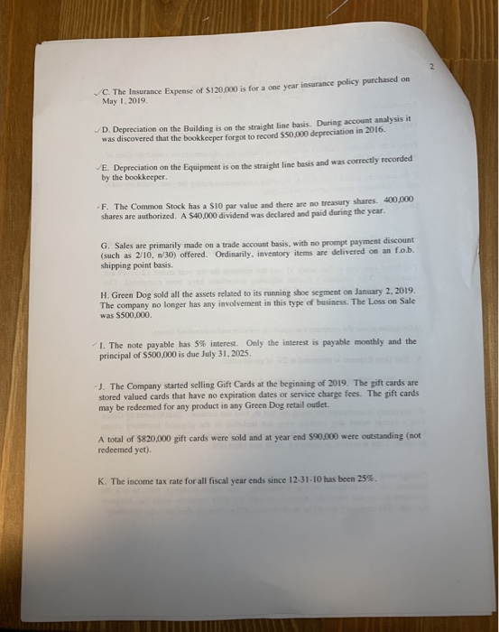 C. The Insurance Expense of $12000 is for a one year insurance policy purchased on May 1. 2019. D. Depreciation on the Buildi