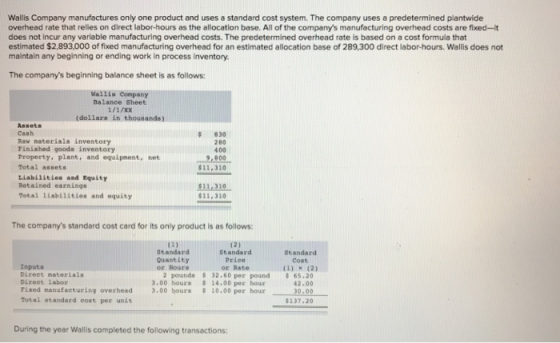 Wallis Company manufactures only one product and uses a standard cost system. The company uses a predetermined plantwide overhead rate that relies on direct labor-hours as the allocation base. All of the companys manufacturing overhead costs are fixed-it does not incur any variable manufacturing overhead costs. The predetermined overhead rate is based on a cost formula that estimated $2,893,000 of fixed manufacturing overhead for an estimated allocation base of 289,300 direct labor-hours. Wallis does not maintain any beginning or ending work in process inventory The companys beginning balance sheet is as follows Wa11is Company Balance Sheet (dollars in thousands) Assets Cash Raw materials inventory Finished goods inventory Property, plant, and equipment, net Total assets Liabilities and Equity Retained earnings Total liabilities and equity $ 830 28:0 400 9.800 $11,310 $11.310 $11,310 The companys standard cost card for its only product is as follows: Standard Quantity or Bours Standard Price or Rate 2 pounds 32.60 per pound $65.20 Standard Cost Inputs Direct materials DLreet labor Pixed manufacturing overhead otal standard cost per unit 3.00 hour 14.00 per hour 3.00 hours S 10.00 per hour 42.00 30.00 $137.20 During the year Wallis completed the following transactions