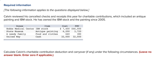 Required information [The following information applies to the questions displayed below.] Calvin reviewed his cancelled chec