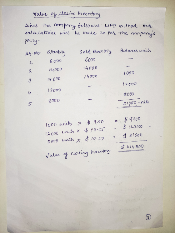 Value of cloding Inventory since the company followes LIFO method our calculations will be made as per the companys policy.