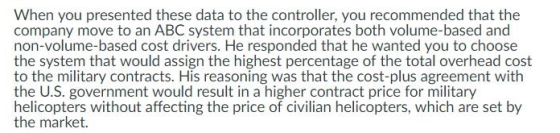 When you presented these data to the controller, you recommended that the company move to an ABC system that incorporates bot
