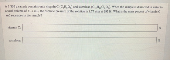 A 1.326 g sample contains only vitamin C (CHO) and sucralose (C,H,,C1,0). When the sample is dissolved in water to a total vo