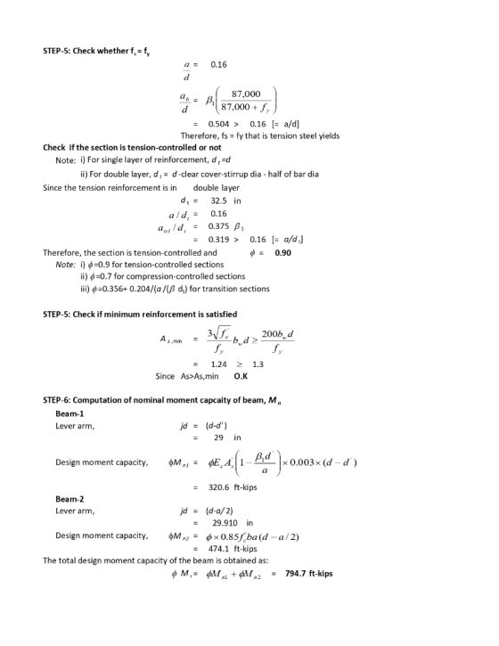 STEP-5: Check whether f = f, a 0.16 a a B 87,000 = Pil 37.000+ Jy ) = 0.504 > 0.16 (= a/d] Therefore, fs = fy that is tension