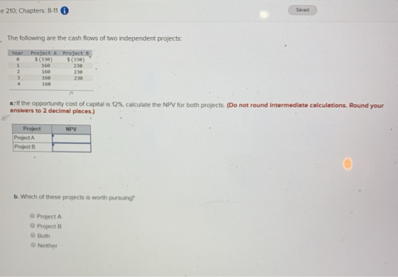 e 210: Chapters: 8-11 Seved The following are the cash flows of two independent projects: Year Project A $(330) 160 160 160 1