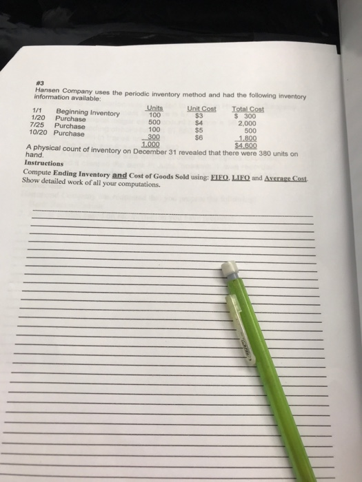 SA Hansen Company uses the periodic inventory method and had the following inventory information available: Units Unit Cost T
