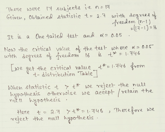 There were 17 subjects ie n=17 Given, obtained statistie t= 2.57 with degrees of freedom (n-1) =(17-1)=16 It is a One failed