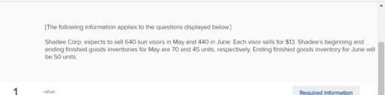 The following information applies to the questions displayed below.] Shadee Corp. expects to sell 640 sun visors in May and 4