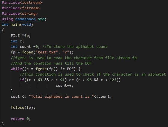 #include<iostream> #include<fstream> #include<string> using namespace std; int main(void) FILE *fp; int c; int count =0; //To