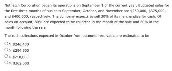 Nuthatch Corporation began its operations on September 1 of the current year. Budgeted sales for the first three months of bu