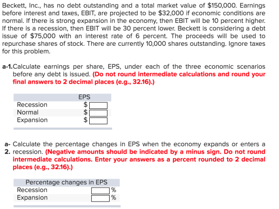 Beckett, Inc., has no debt outstanding and a total market value of $150,000. Earnings before interest and taxes, EBIT, are pr