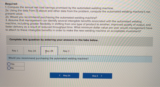 Required: 1. Compute the annual net cost savings promised by the automated welding machine. 2a. Using the data from (1) above