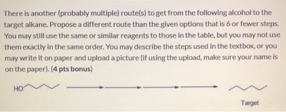 There is another (probably multiple) route(s) to get from the following alcohol to the target alkane. Propose a different rou