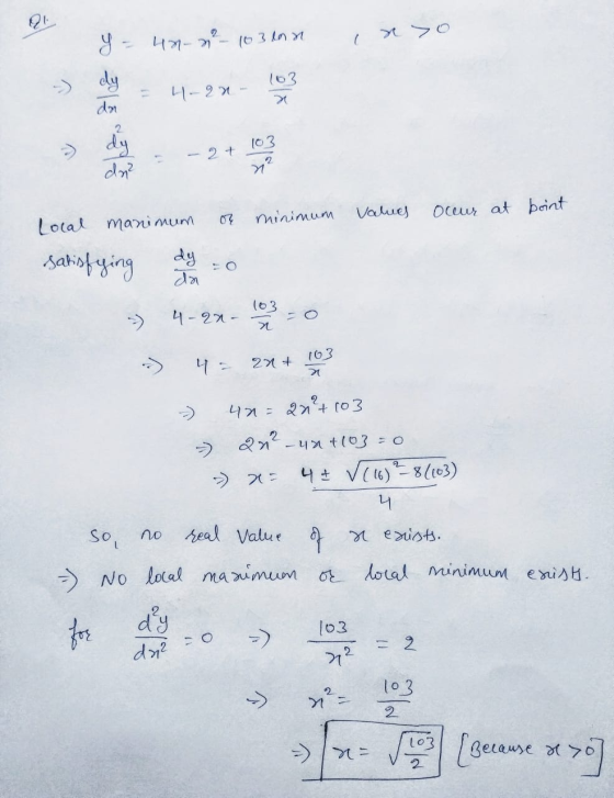 0 103 lon ( x > y = 40 dy 4-on dr -> 103 > 2 - dy - 2 + 103 2 거 dn² minimum Values Occur at boint Local manimum satisfying dy