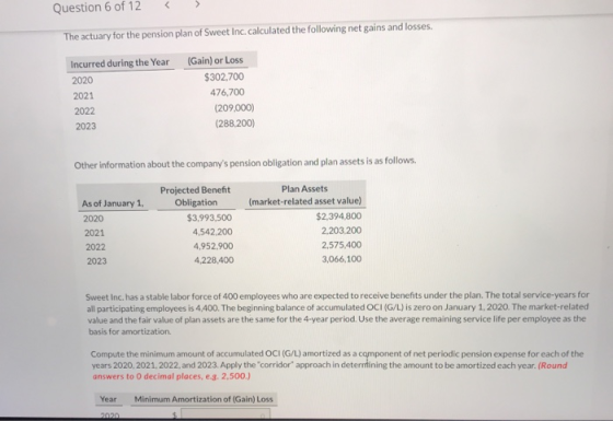 Question 6 of 12 The actuary for the pension plan of Sweet Inc. calculated the following net gains and losses. Incurred durin