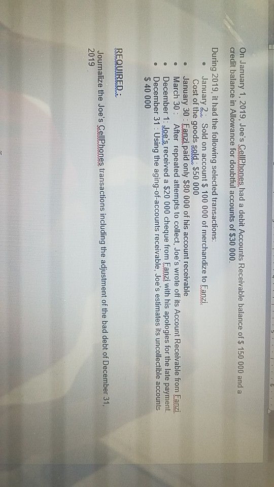 G On January 1, 2019, Joes Cellphones had a debit Accounts Receivable balance of $ 150 000 and a credit balance in Allowance