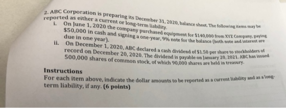 2. ABC Co reported as eith The following items may be ABC Corporation is preparing its December 31, 2020, balance sheet. The