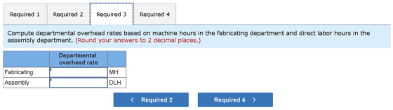 Required 1 Required 2 Required 3 Required 4 Compute departmental overhead rates based on machine hours in the fabricating dep