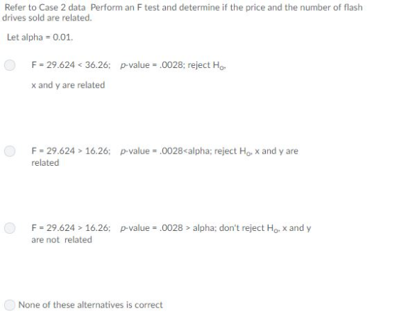 Refer to Case 2 data Perform an F test and determine if the price and the number of flash drives sold are related. Let alpha 0.01 O F-29.624 < 36.26; p-value = .0028; reject Ho. x and y are related F 29.624 16.26: p-value .0028<alpha; reject Ho. x and y are elated F 29.624> 16.26; p-value 0028> alpha; dont reject Ho x and y are not related None of these alternatives is correct