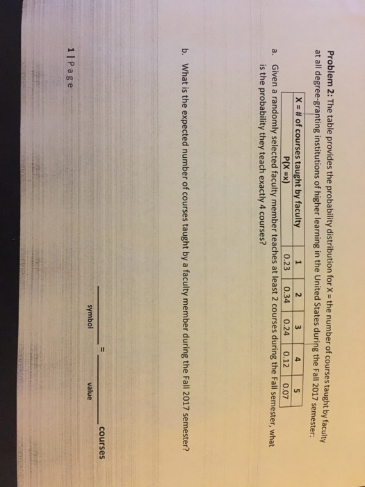 Problem 2: The table provides the probability distribution for X the number of courses taught b at all degree-granting institutions of higher learning in the United States during the Fall 2017 semester # of courses taught by faculty 0.23 0.34 0.24 0.12 0.07 Given a randomly selected faculty member teaches at least 2 courses during the Fall semester, what is the probability they teach exactly 4 courses? a. b. What is the expected number of courses taught by a faculty member during the Fall 2017 semester? courses symbol value 1IPage