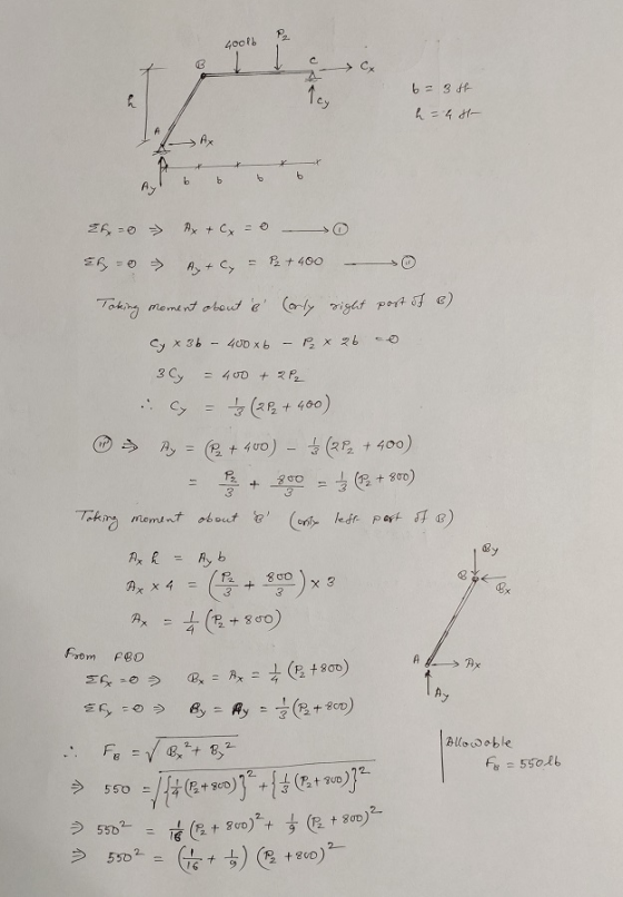400 lb 6=3 tt h = 4H- - > HX bbbb 26 - >> Rx + Cx = 0 - > Ef=0 » A+ C = P2 + 400 – Toking moment about & (only right post of