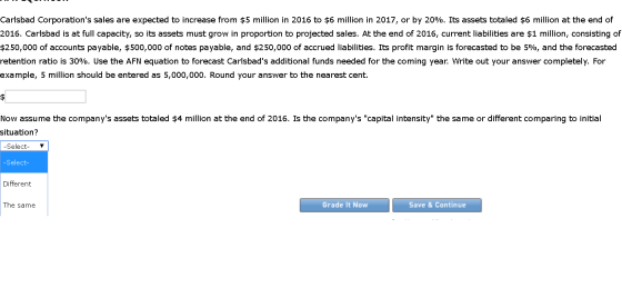 Carlsbad Corporations sales are expected to increase from $5 million in 2016 to $6 million in 2017, or by 20%. Its assets to