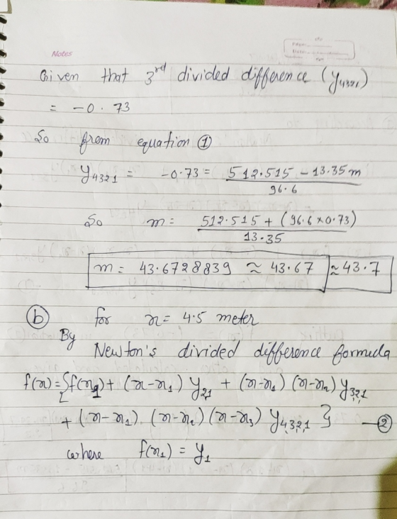 Notes Given that good divided difference (Juner) 73 So from equation 6 94321 - 0.73 = 5 12.515 - 13.35m 96.6 so ma 517.515 +