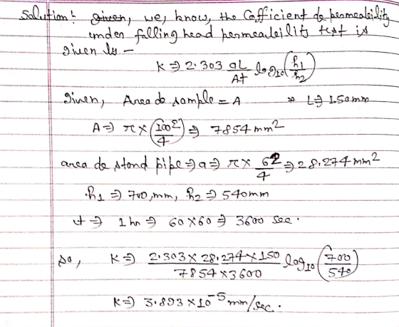 Salution & given, we, know, the Cofficient de permeability - enden falling head permeabilif text is guen ly - k32: 303 a4 log