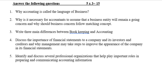 Answer the following questions 5 x 3= 15 1. Why accounting is called the language of Business? 2. Why is it necessary for acc