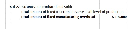 8 If 22,000 units are produced and sold: Total amount of fixed cost remain same at all level of production Total amount of fixed manufacturing overhead $100,000