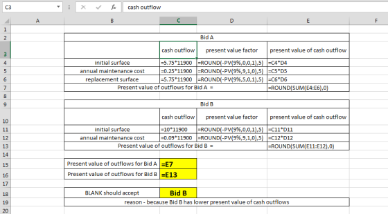 cash outflow C3 D E F 1 Bid A 2 cash outflow present value factor present value of cash outflow 3 -5.75*11900-ROUND(-PV(9%,0,