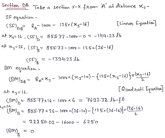 Section DB Take a section X-x from Aat distance Xz- Sf equation- (SF) Ra-1000 - 125x (X3-16) [Linear Equation at x= 16,(SF),