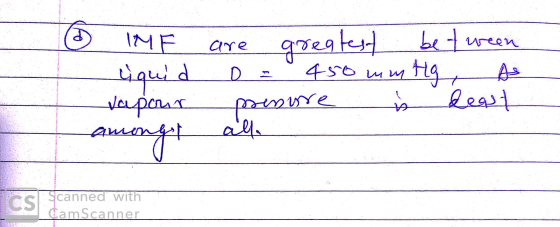 - IMF are greatest between quid D = 450 mm Hg, se vapour presure is deast amongst all cs Scanned with CamScanner