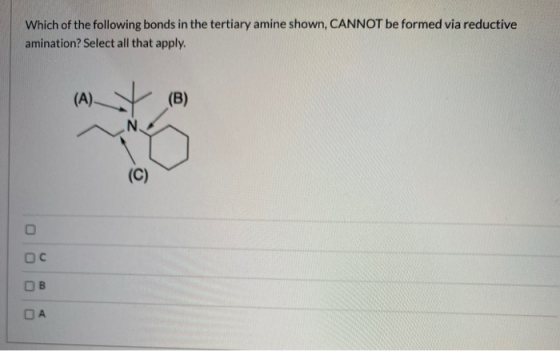 Which of the following bonds in the tertiary amine shown, CANNOT be formed via reductive amination? Select all that apply. (A