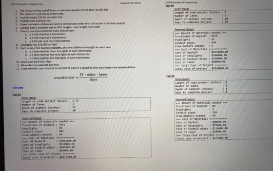 CE11 Principles of Programming Test2 Gynas Length of road project (niles) : 3 Number of lanes Depth of asphalt (inches) : 18