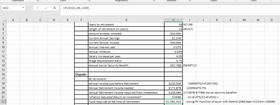 LMDudlu Allgrimeri Number Styles H22 =PV(H21, H6,-H20) 4 A B C D E F J K L M.NO Years to retirement Length of retirement (in