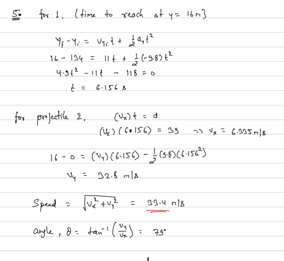 5. for t. (time to reach at y = 16m} 76-Y; = Uyitt & aut² 16- 134 = 11+ + + (-9.82%? 4.942-117 - 118 = 0 t = 6.1568 for proje
