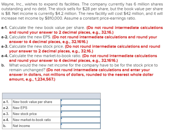 Wayne, Inc., wishes to expand its facilities. The company currently has 6 million shares outstanding and no debt. The stock sells for $28 per share, but the book value per share is $8. Net income is currently $4.2 milion. The new facility will cost $42 milion, and it will increase net income by $810,000. Assume a constant price-earnings ratio a-1. Calculate the new book value per share. (Do not round intermediate calculations a-2. Calculate the new EPS. (Do not round intermediate calculations and round your a-3. Calculate the new stock price. (Do not round intermediate calculations and round a-4. Calculate the new market-to-book ratio. (Do not round intermediate calculations b. What would the new net income for the company have to be for the stock price to and round your answer to 2 decimal places, e.g., 32.16.) answer to 4 decimal places, e.g., 32.1616.) your answer to 2 decimal places, e.g., 32.16.) and round your answer to 4 decimal places, e.g., 32.1616.) remain unchanged? (Do not round intermediate calculations and enter your answer in dollars, not millions of dollars, rounded to the nearest whole dollar amount, e.g., 1,234,567.) a-1. New book value per share a-2. New EPS a-3. New stock price a-4. New market-to-book ratio b. Net income