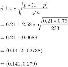p* (1 p) ptz 0.21 0.79 0.21土2.58* 233 0.21 士0.0688 (0.1412,0.2788) (0.141,0.279) -