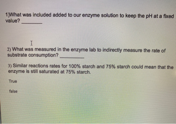 1) What was included added to our enzyme solution to keep the pH at a fixed value? 2) What was measured in the enzyme lab to