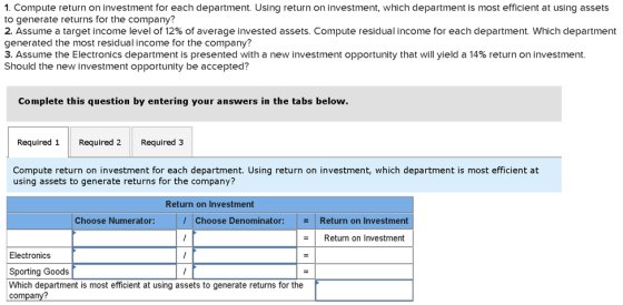 1. Compute return on investment for each department. Using return on investment, which department is most efficient at using