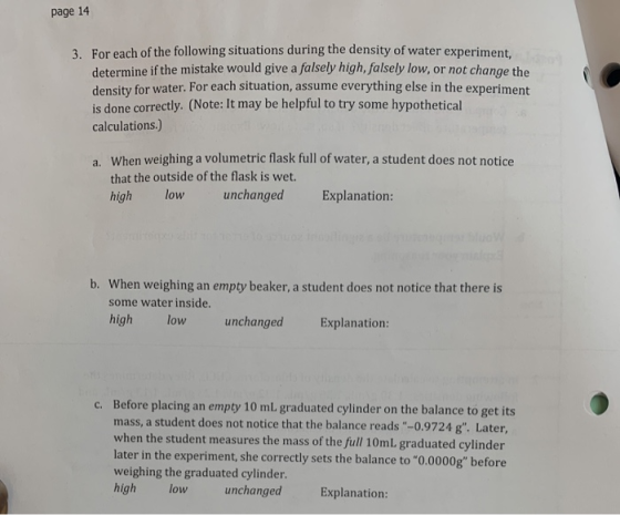 page 14 3. For each of the following situations during the density of water experiment determine if the mistake would give a
