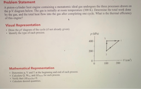 Problem Statement A piston-cylinder heat engine containing a monatomic ideal gas undergoes the three processes drawn on the p