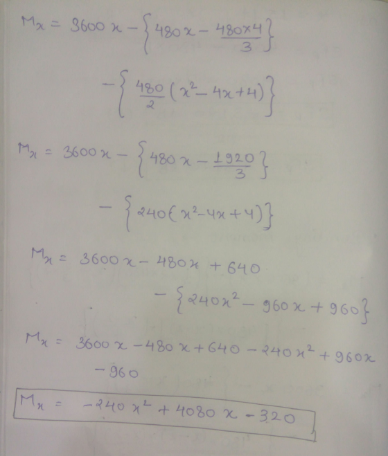 Mac = 36002 - 480x - 480x4 3 2. Ma = 36002 - 480 (x² - p=42+4) 2480 480 x 1920? - {2408x24x+4)} Ma = 3600 x-4802 + 640 -{2402