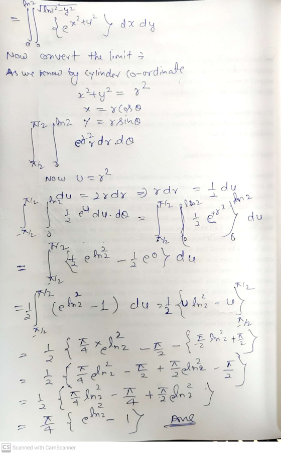 Jln2²_y² te x²ty 0 0 As we know 2 j y dx dy Now convert the limit by Cylinder co-ordinate x² + y² = x=8coso N2 pln2 y Y arsin