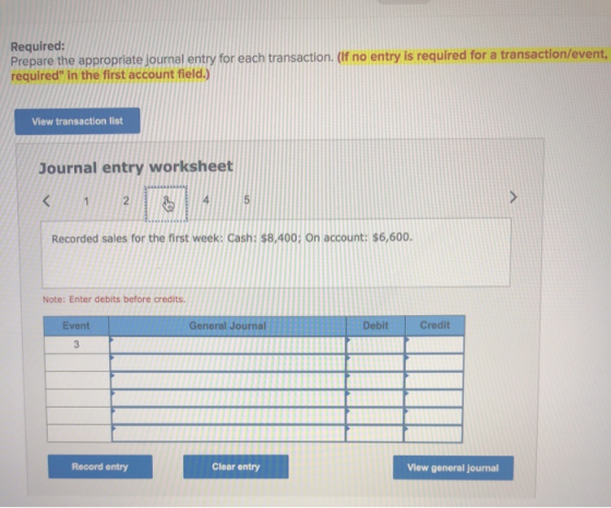 Required: Prepare the appropriate journal entry for each transaction. (If no entry is required for a transaction/event, requi
