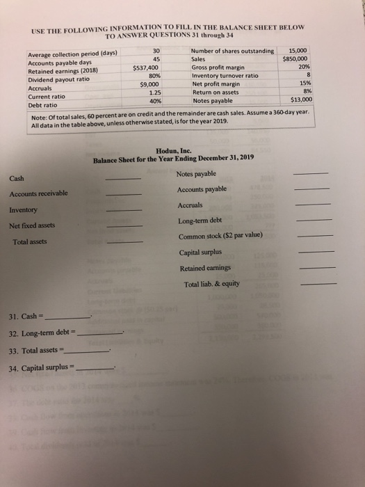 TSE THE FOLLOWING INFORMATION TO FILL IN THE BALANCE SHEET BELOW TO ANSWER QUESTIONS 31 through 34 45 30 Average collection p